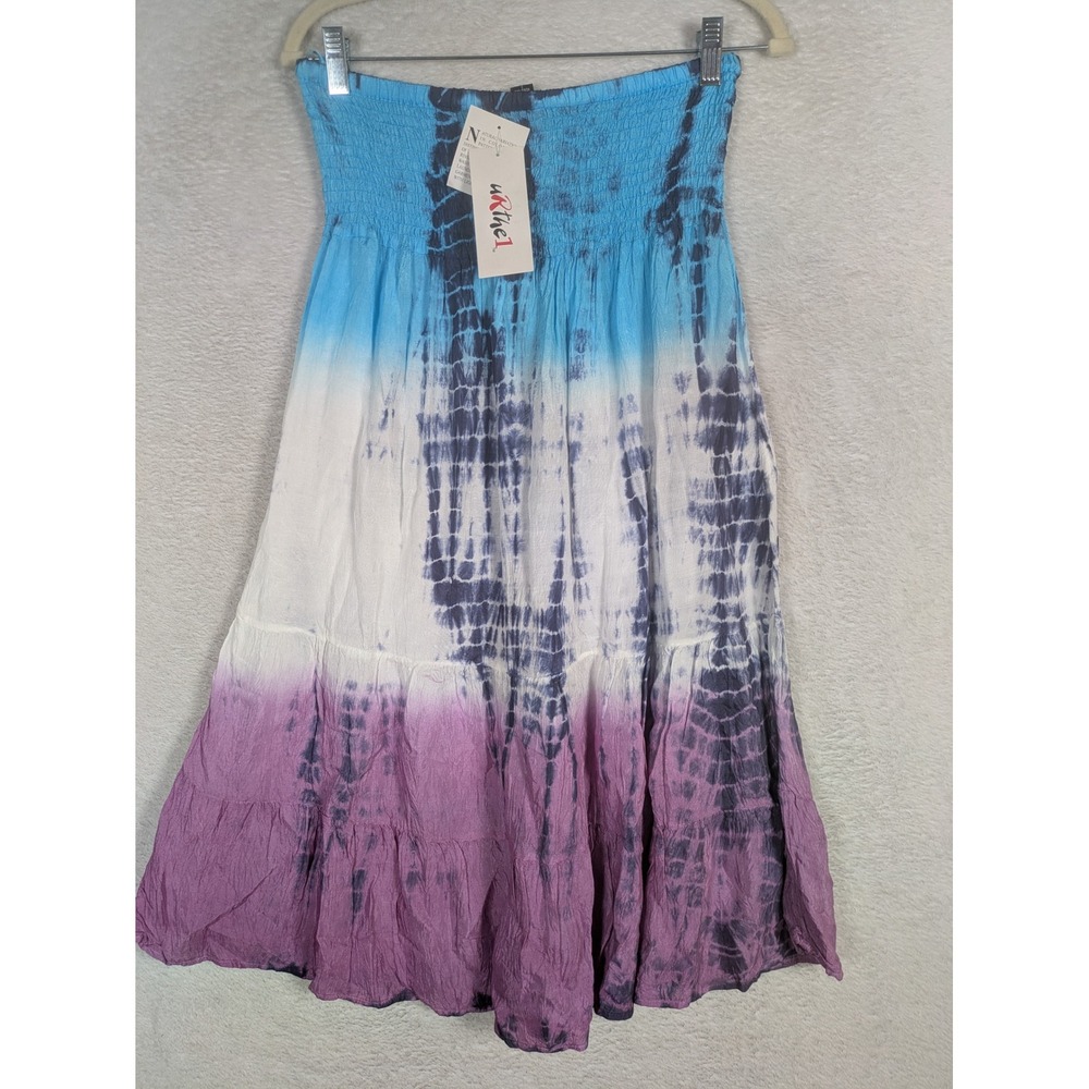 NEW 579 Urthe1 Midi Skirt Women's M Blue White Purple Tie-Dye Smocked Tiered